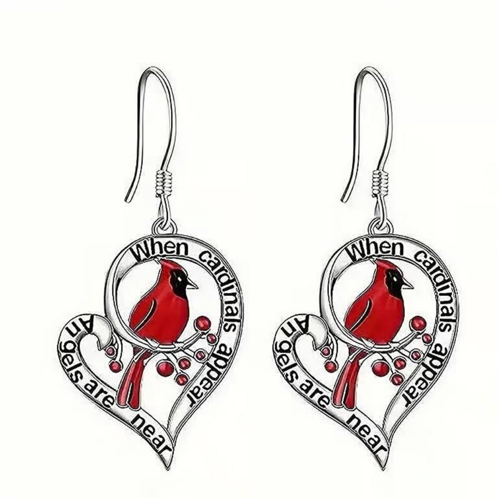 Silver Heart Shaped CARDINAL Christmas Dangle Earrings